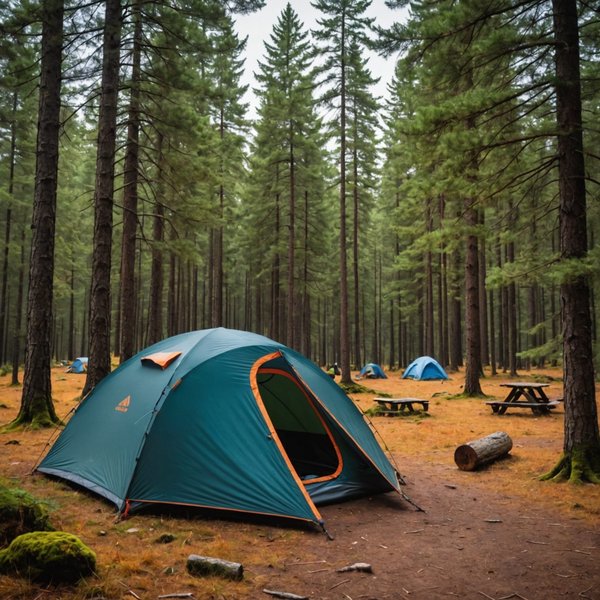 Quels sont les équipements nécessaires pour un camping en région de forêts de conifères en automne?